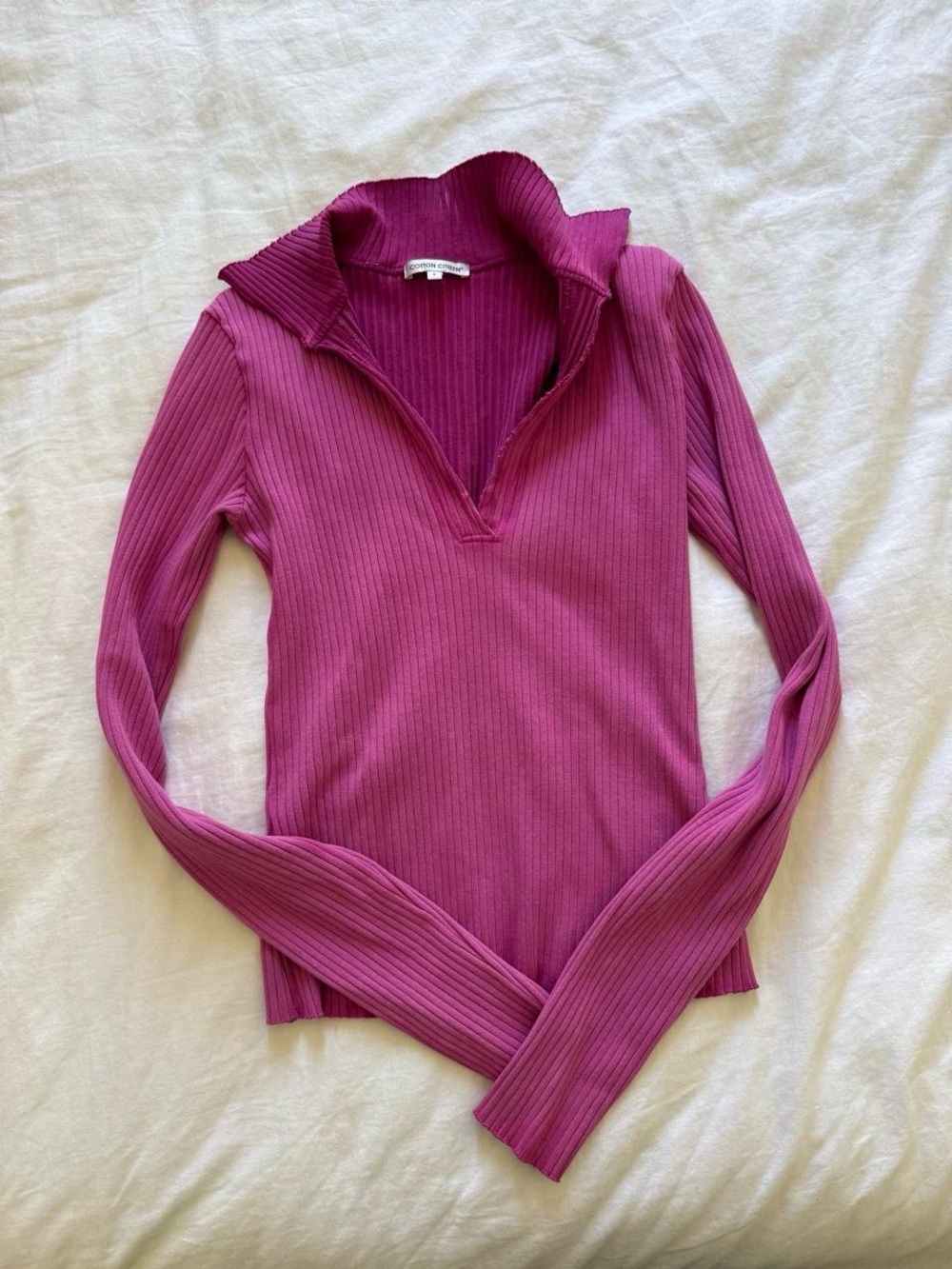 Cotton Citizen Ribbed V-Neck Turtleneck in Raspberry - Picture 3 of 4